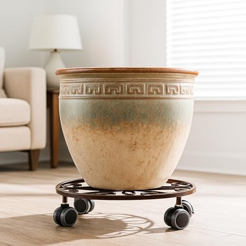8 Pack Plant Caddy with Wheels & Saucers, Heavy Duty 13.5 Inch Metal Plant Stand with Wheels, Plant Dolly Rolling Plant Stand Plant Roller with Casters for Indoor and Outdoor, Bronze