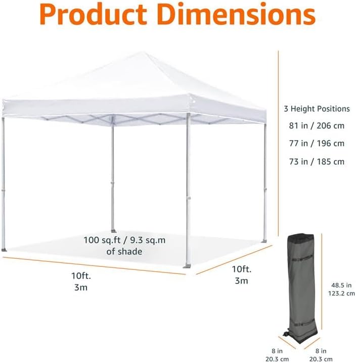 Amazon Basics Outdoor Pop Up 10 x 10 Canopy Tent for Events, Portable with Easy Setup, One-Push, Includes Wheeled Carry Bag, 8 Pegs, 4 Ropes, 4 Weighted Bags, White