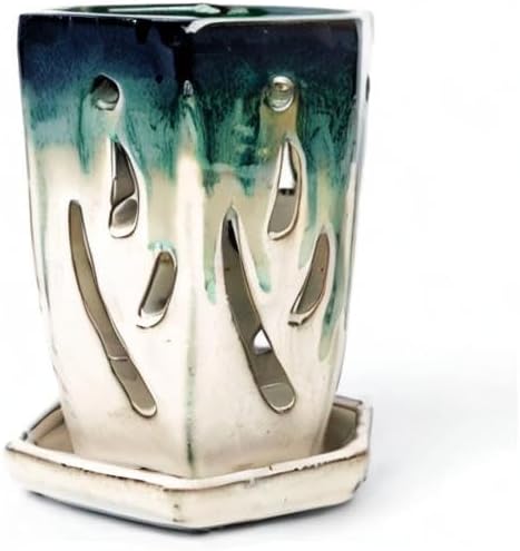 rePotme 4 x 6 inch Ceramic Orchid Pot (Evergreen Emerald Over Cream) - Hexagon Orchid Pot with Holes