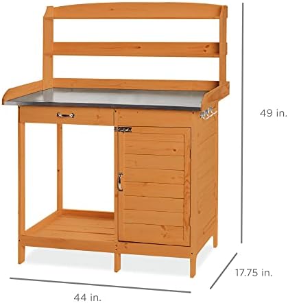 Best Choice Products Outdoor Garden Wooden Potting Bench Work Station w/Metal Table Top, Pre-Stained Finish, Cabinet, Sliding Drawer, Large Bottom Shelf - Brown