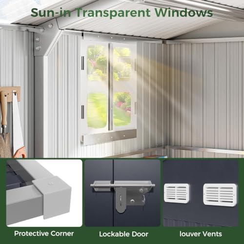 Metal Storage Shed 10x16 FT Reinforced Frame Outdoor Shed with Clear Roof, Air Vent & Lockable Door Large Garden Sheds for Backyard, Patio