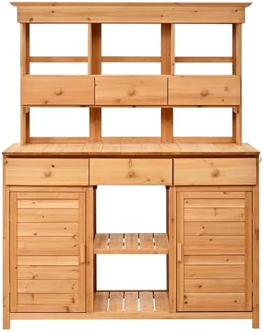 Solid Fir Wood Potting Bench with Hutch, Outdoor Garden Workstation Table with Shelves and Drawers, Wooden Planting Table with Cabinets & Side Hooks for Mudroom,Doorway, Natural