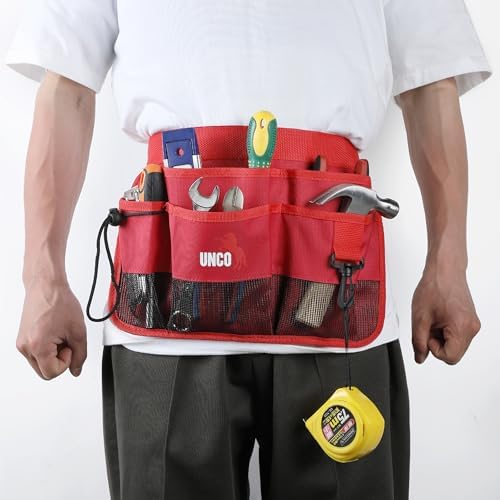 UNCO- Adjustable Gardening Belt, Red, 7 Pockets, Wear, Cut and Water Resistant, Garden Tool Belt Pouch, Waist Apron with Pockets
