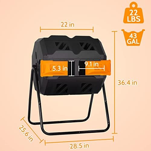 43 Gallon Compost Bin Outdoor With Dual Chamber Sliding Doors, Tumbling Composter, Manual Tiller Composters Tumbling or Rotating
