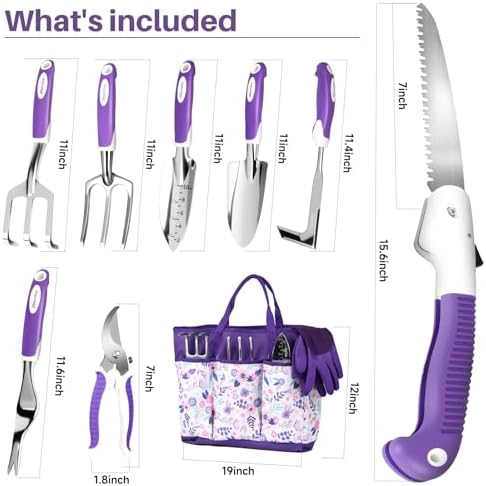 Garden Tool Set, 10 Pcs Heavy Duty Gardening Tool Kit Women Garden Gift Set Aluminum with Non Slip Ergonomic Handle, Storage Tote Bag and Gloves, Garden Supplier for Women&Men(Purple)