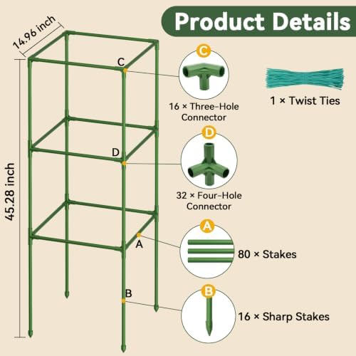 4 Pack 45" Square Tomato Cages for Garden, Heavy Duty Adjustable Trellis