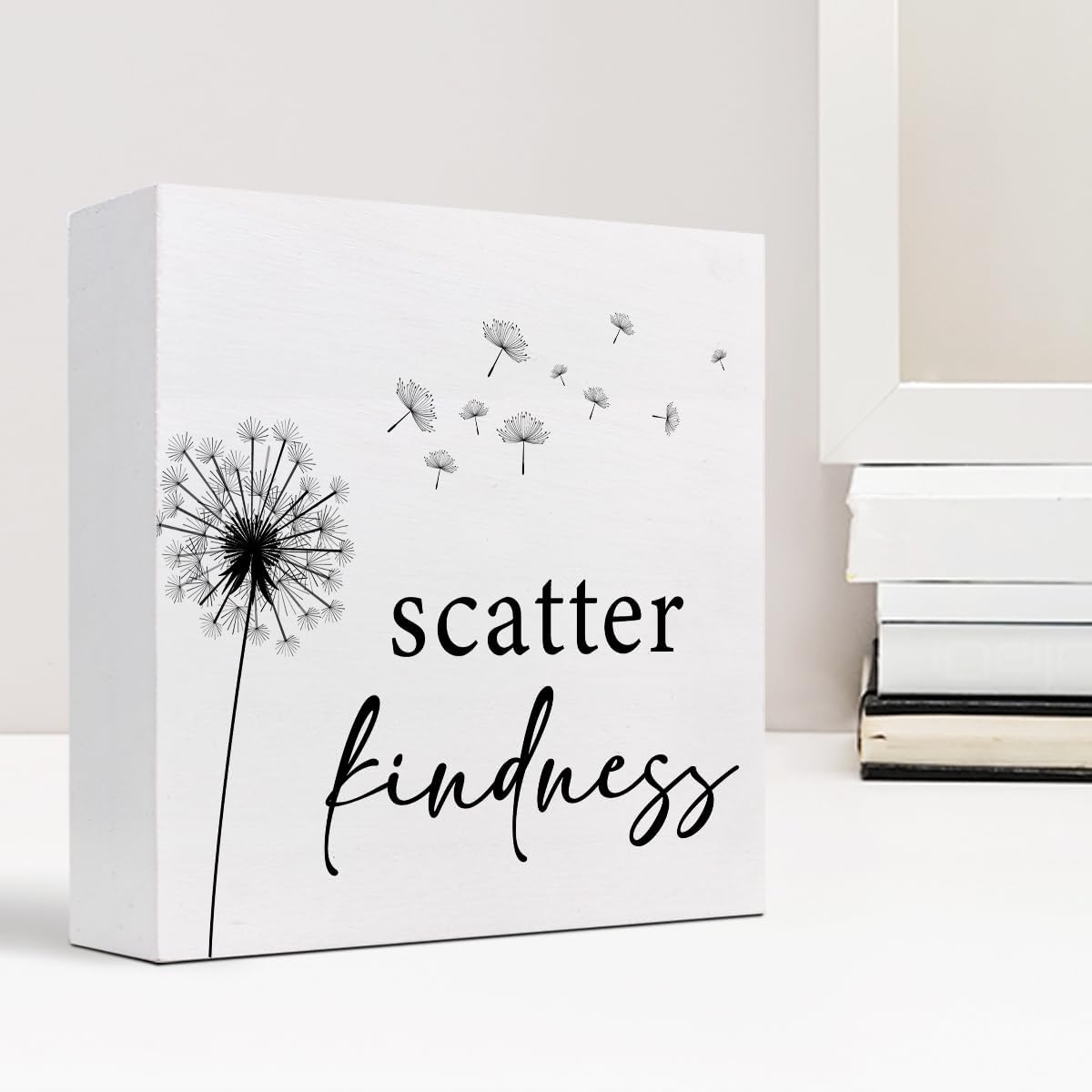 z-Crange Scatter Kindness Dandelion Wood Block Sign, Rustic Kindness Quote Wooden Box Plaque Sign for Home, College, Office Shelf, Table Decor