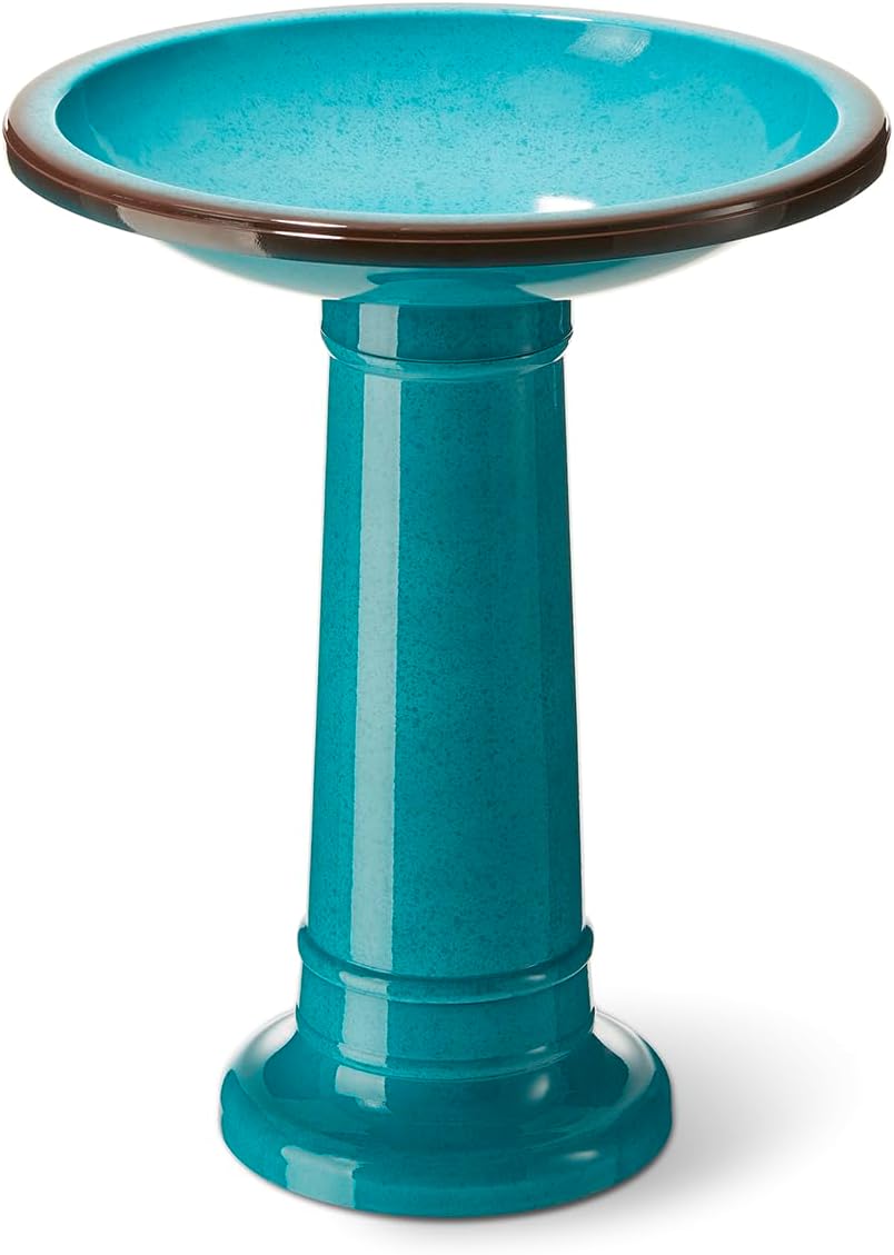 Glitzhome 21.5" H Plastic Turquoise Faux Ceramic Bird Bath for Outside, Hand-Painted Tall Pedestal Birdbath in Weather Resistant for Outdoor Patio Garden Backyard Decking