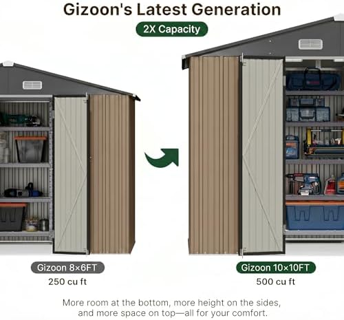 Gizoon 10x10 FT Outdoor Storage Shed, Metal Heavy-Duty Shed, Light Brown