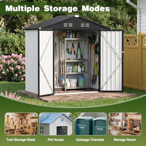 Zamildon's 6x4 FT Outdoor Metal Storage Shed, Weatherproof Galvanized Steel Gable Roof Garden Tool Shed with Lockable Double Doors & LED Light for Backyard Patio Lawn, White