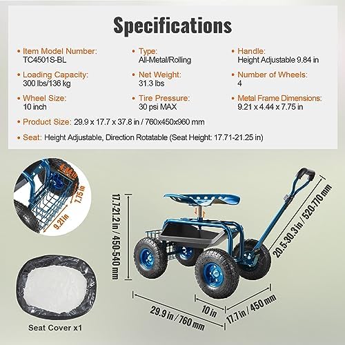 VEVOR Garden Cart Rolling Workseat with Wheels, Gardening Stool for Planting, 360 Degree Swivel Seat, Wagon Scooter with Steering Handle & Utility Tool Tray, Use for Patio, Yard, and Outdoors, Blue