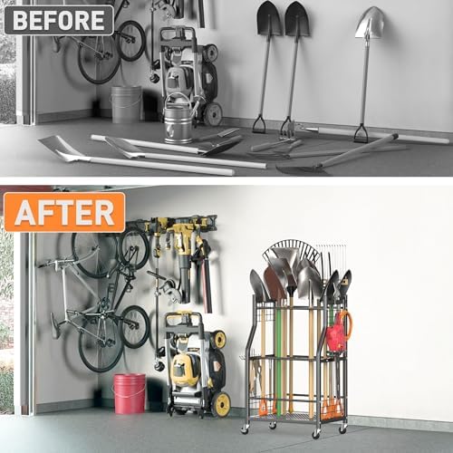 TORACK Garden Tool Organizer with Wheels, Rakes Shovels Yard Tools Stand