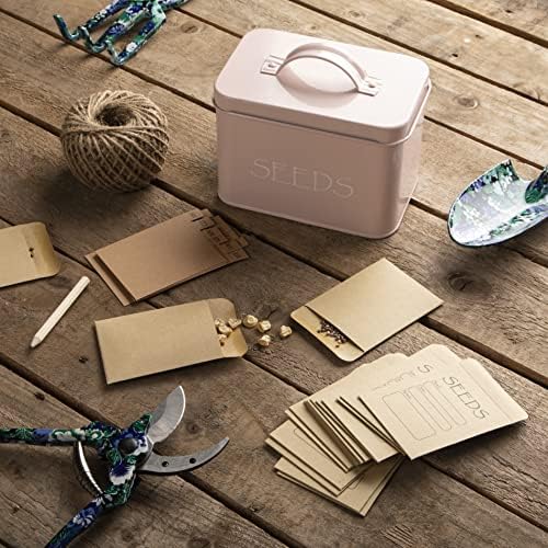 Katai Seed Storage Box – Durable Metal Seed Organizer Storage Box for Gardeners, Complete Seed Packet Storage Box with Lid, Monthly Dividers, 20 Envelopes & Pencil, Compact Seed Saver, Pink Flamingo