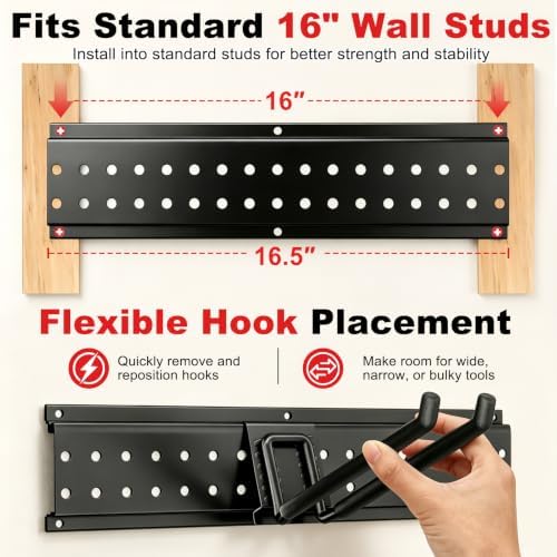 Garage Tool Organizer Wall Mount, 66", 4 Racks, 13 Hooks, 520 lb