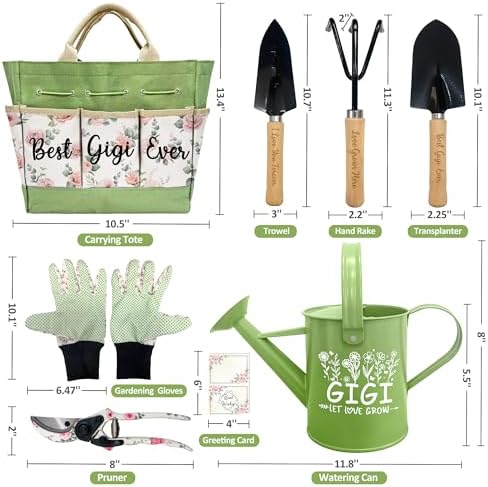 Gifts for Gigi Mothers Day, Gardening Kit Gigi Gifts from Grandkids Floral Gardening Tools and Durable Garden Tools Organizer Tote, Ideal Gardening Gift for Women on Birthday Plant Lover Present