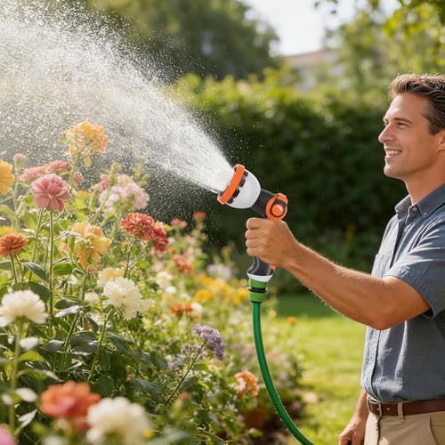 Garden Hose Nozzle, Hose Sprayer Nozzle with 10 Spray Patterns, Thumb Control On Off Valve,2 Pack Heavy Duty Metal Water Hose Nozzle for Car Wash, Plants, Pets & Outdoor Cleaning Green Orange