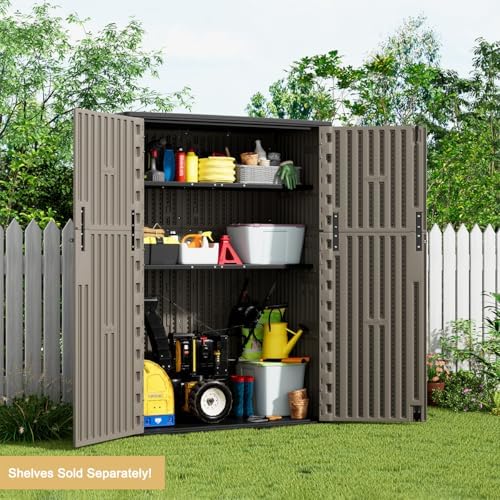 KINYING Outdoor Storage Shed,57 Cu.ft Vertical Outdoor Storage Cabinet Waterproof, Outdoor Resin Tool Shed for Patio Furniture, Garden Tools, Pool Accessories, Lawn Mower(Coffee Color)