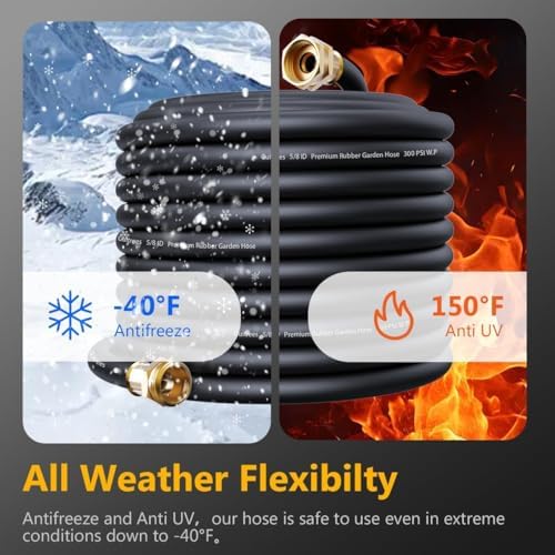 Guitrees 100FT ×1 inch Heavy Duty Rubber Garden Hose - 200psi Working, 1000psi Burst - Hot/Cold Water - Five-Layered Braiding for Durability - Versatile for Gardening, Agriculture, Construction(Black)