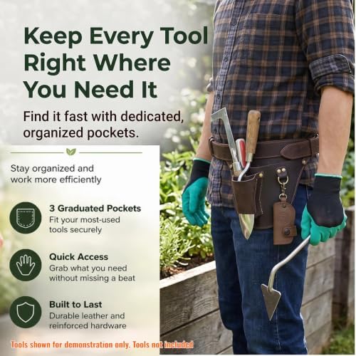 Leather Florists Tool Belt Bag,3 Pockets,Adjustable Gardeners Waist Holster