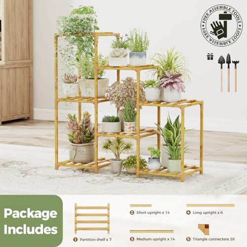 Bamworld Bamboo Plant Stand Indoor Boho Plant Shelf Tiered Plant Rack
