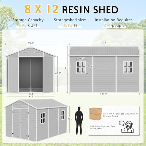 PIPLEO 8x12 FT Resin Outdoor Storage Shed with Floor, Plastic Garden Storage Shed with Lockable Door & Vent, All Weather Versatile Tool Shed for Backyard, Patio, Lawn, Cloud Gray
