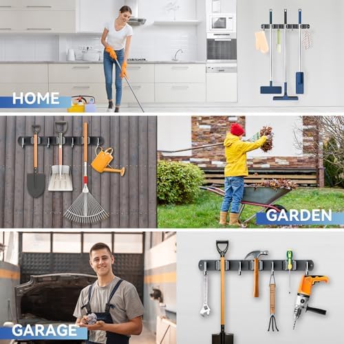 2 Pack Mop Broom Holder Wall Mount 3 Racks 4 Hooks Storage Black