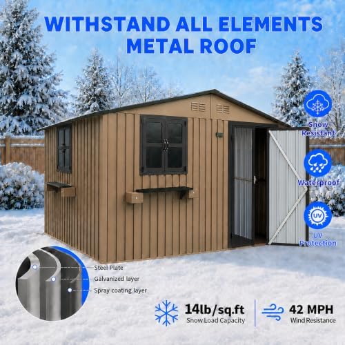 10x8 FT Outdoor Storage Shed with 2 Clear Windows, Metal Garden Shed with Flower Racks & Baskets, Outside Tool Shed with Lockable Double Doors, Waterproof Storage Building for Backyard, Brown