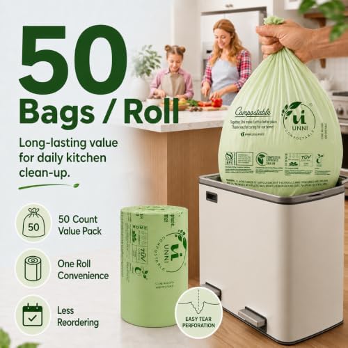 UNNI Compostable Bags, 13 Gallon, 100 Count, 49.2 L, Extra Thick 0.9 Mil