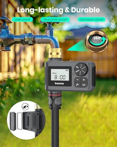 Sprinkler Timer with Brass Swivel, Programmable Water Timer for Outdoor Garden Hose, Hose Timers with Rain Delay/Manual/Auto Mode, Drip Irrigation and Lawn Watering System, 1 Outlet