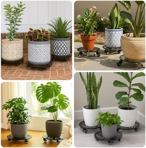 1 Pack 13 inches Metal Plant Caddy with Wheels Heavy-Duty Large Iron Rolling Plant Stand with Casters Indoor Outdoor Wheeled Plant Roller Base Pot Movers Plant Dolly Coaster Trolley Black