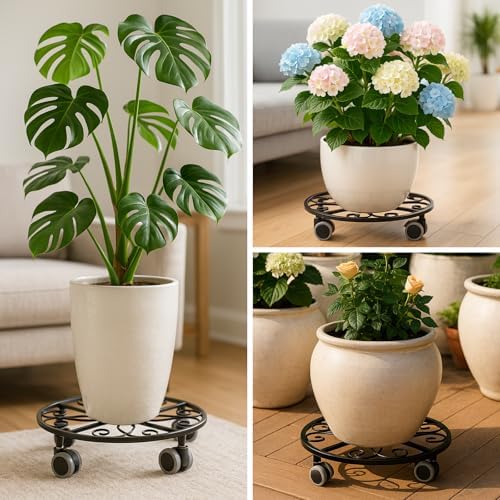 5 Pack Plant Caddy with Wheels & Saucers, Heavy Duty 13.5 Inch Metal Plant Stand with Wheels, Plant Dolly Rolling Plant Stand Plant Roller with Casters for Indoor and Outdoor, Black