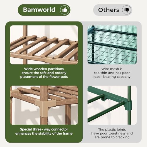 Bamworld Mini Greenhouse with Grow Light Plant Stand for Mutiple Pots Outdoor 3-Tier Portable Greenhouses with Durable PE Cover for Seedling Ideal Gardening Gifts for Women Men