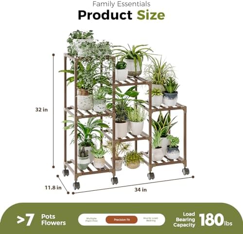Bamworld Plant Stand with Wheels for Indoor Plants Wood Outdoor Tiered Shelf 3 Tire 7 Potted Ladder Plant Holder Table Pot Stand for Window Garden Balcony Patio Living Room (natureDL)