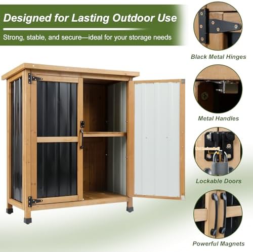 Outdoor Garden Storage Cabinet with Asphalt Roof, Lockable Double Doors