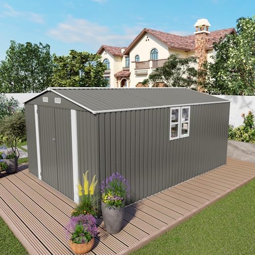 YOPTO 10x14 FT Large Outdoor Storage Shed,Durable Metal Garden Shed with Three Lockable Doors and Two Windows,Waterproof Tool Shed for Backyard Patio,All-Weather Shelter for Bike,Lawn Mowers,Grey