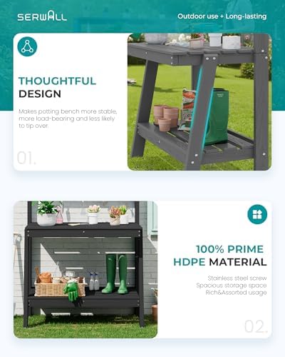 SERWALL 3-Tier Outdoor Potting Bench with Storage,Gardening Table,Black