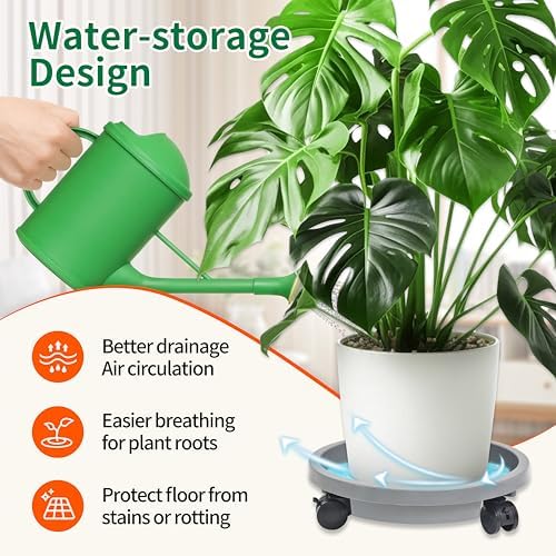 1 Pack 12 inch Plant Caddy with Wheels, Drainage & Self-Watering Design, Movable Wheeled Round Planter Saucer Stand Coaster, Planter Pots Dolly Rack Tray Indoor Outdoor