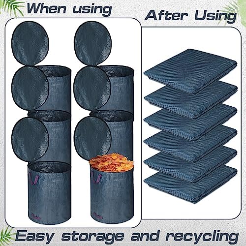 Windyun 6 Pack Leaf Bags with Lid Reusable Yard Waste Bags with 4 Handles Heavy Duty Garden Bags for Leaves Collapsible Container for Lawn (Blue Gray, 72 Gallons)
