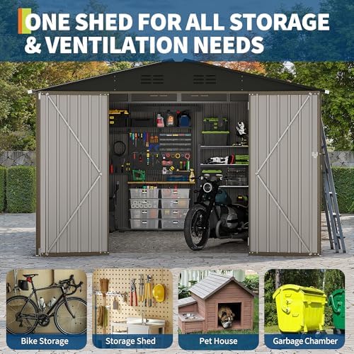 GarveeLife 10 x 10 FT Outdoor Storage Shed,Metal Garden Sheds&Outdoor Storage Clearance, Large Tool Shed Outdoor with Single Lockable Door,Ideal Storage House for Backyard Garden Patio Lawn