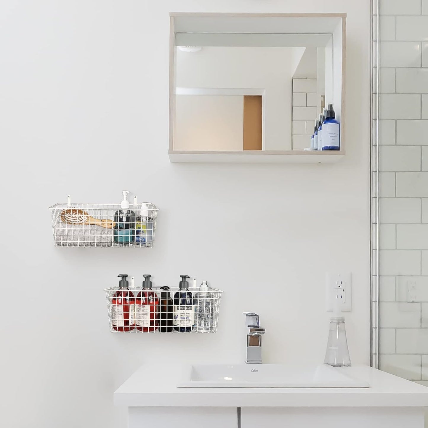 2 Sets Extra Large Hanging Wall Basket, White Metal Wire Baskets with Steel Hooks for Organizing, WallmountedFruit Vegetable Toy Snack Storage, Home Kitchen Bathroom Laundry Pantry Organizer