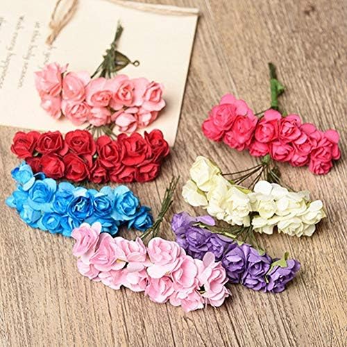 Mini Fake Rose Flower Heads 144pcs Mini Artificial Mulberry Paper Roses Flower with Wire Stem DIY Wedding Flowers Accessories Make Bridal Hair Clips Headbands Dress (Burgundy)