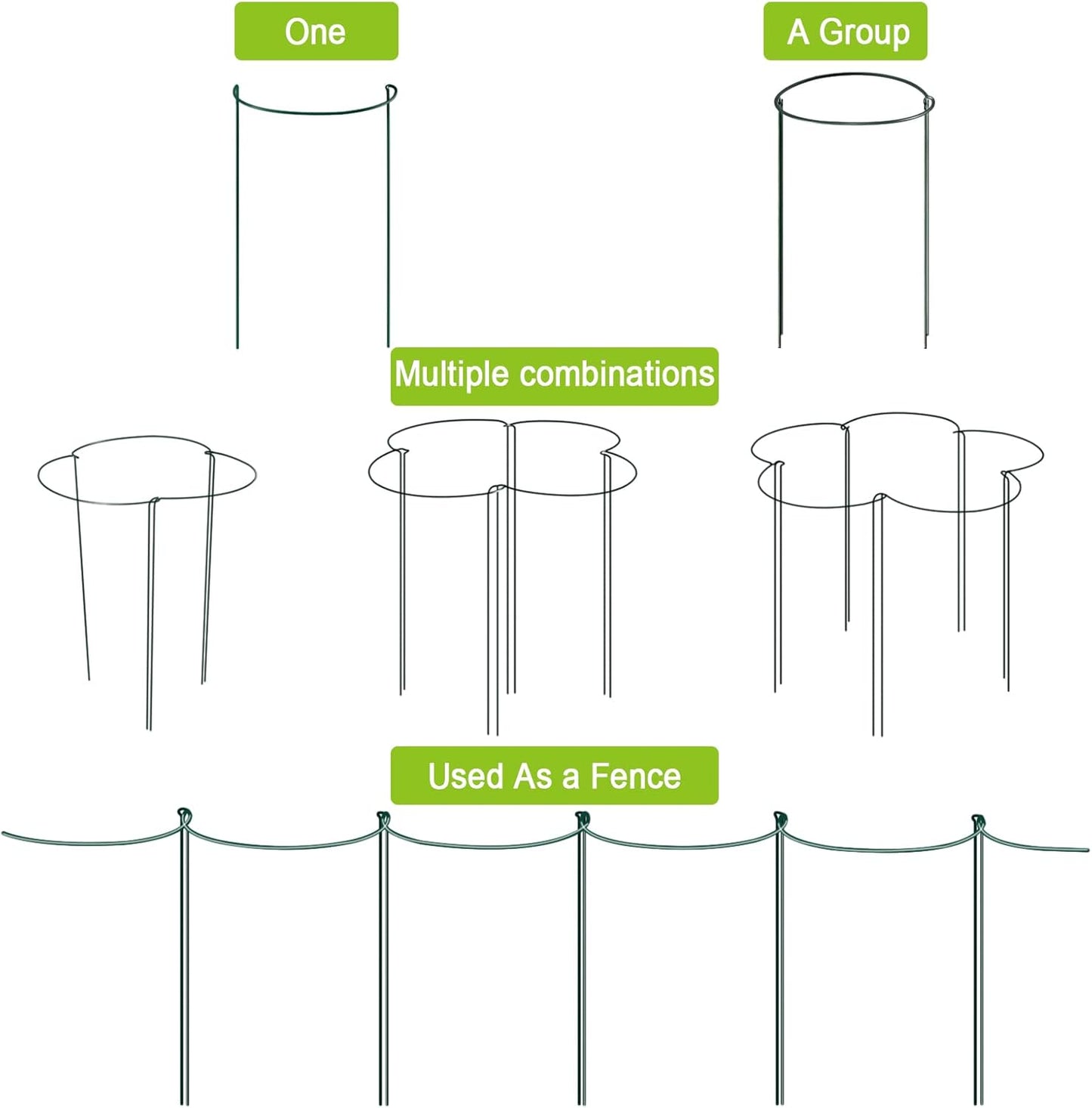 HiGift 16 Pack 24 Inch Plant Support Stakes, 10" Wide x 24" High Half Round Metal Garden Plant Stake Peony Support Cage, Green Plant Support Ring Border for Tomato,Hydrangea,Flower Indoor Outdoor