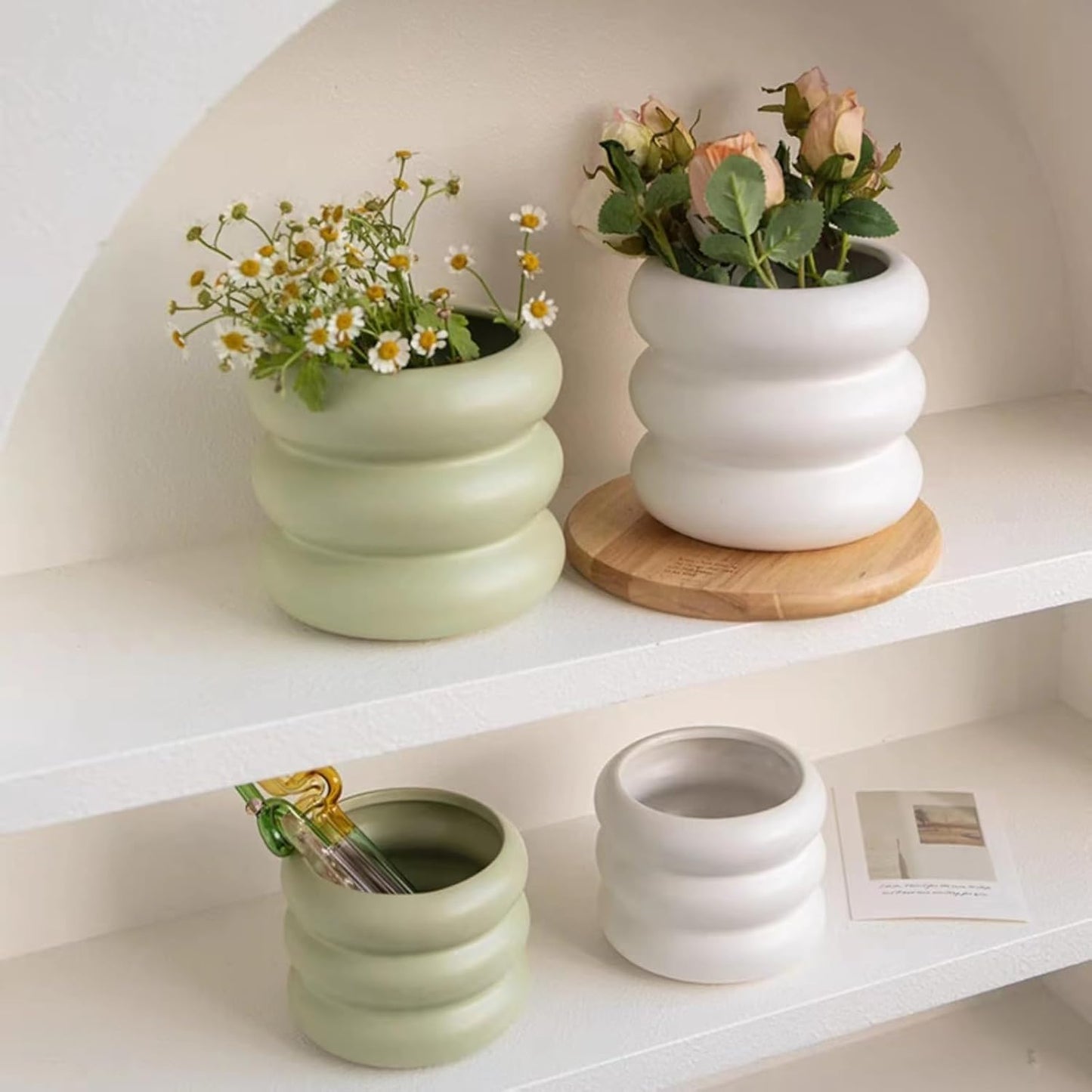 Ceramic Plant Pot Indoor, 6.5 Inch Flower Pot with Drainage Hole, Tiered Bubble Design Ceramic Planter for Home & Office Decor (Green)