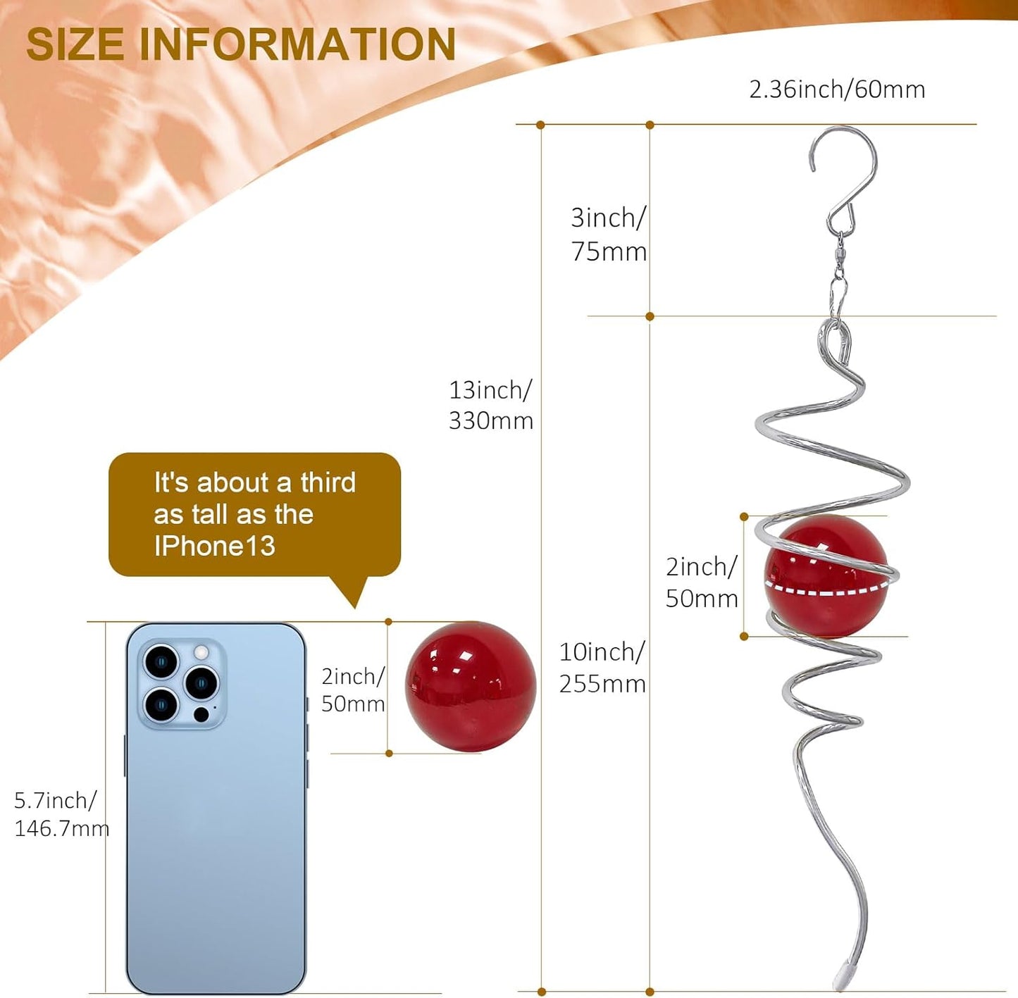 Gazing Ball Spiral Tail with Red Glass Orb - 13" Wind Spinner Stabilizer with Swivel Hook, Hanging Decor for Indoor Outdoor Garden Decor Rotating Art Ornament Christmas Décor & Unique Gift