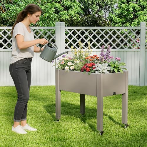 Elevated Raised Garden Bed with Wheels,Planter Box,Gray-26.3" h