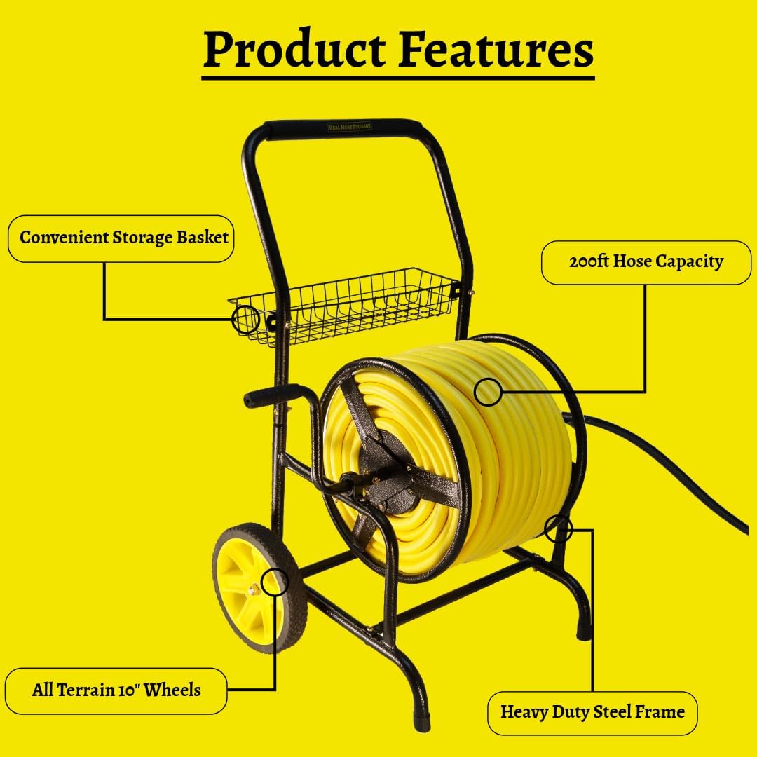 Heavy Duty Hose Cart with Wheels – Garden Hose Holder, Hose Reels for Outside, Metal Hose Reel Cart, 200ft Capacity