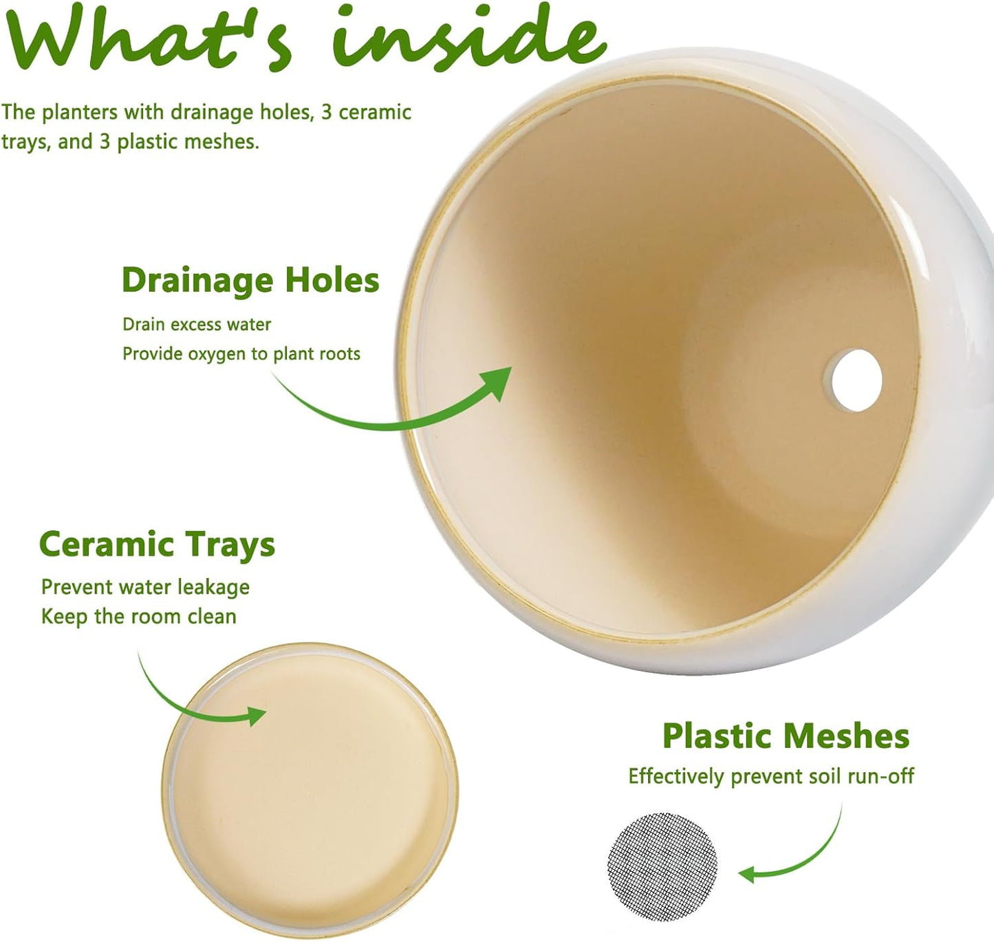 Ceramic Flower Pots, Modren Round 10 Inch 8 Inch 6 Inch Planters with Drainage Holes and Plant Saucers for Indoor Outdoor Flower, Garden Decor, Gifts for Plant Lovers, Set of 3, White-Grey