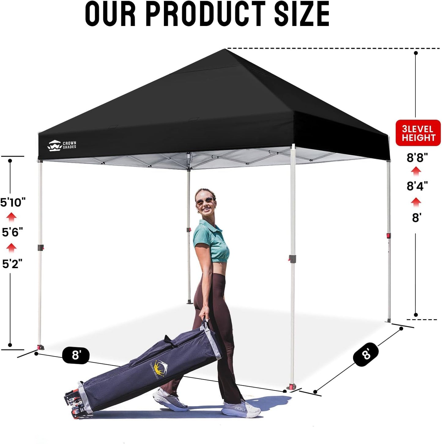 CROWN SHADES 8x8 Pop Up Canopy, Patented Center Lock One Push Instant Popup Outdoor Canopy Tent, Newly Designed Storage Bag, 8 Stakes, 4 Ropes, Silver-Coated Black