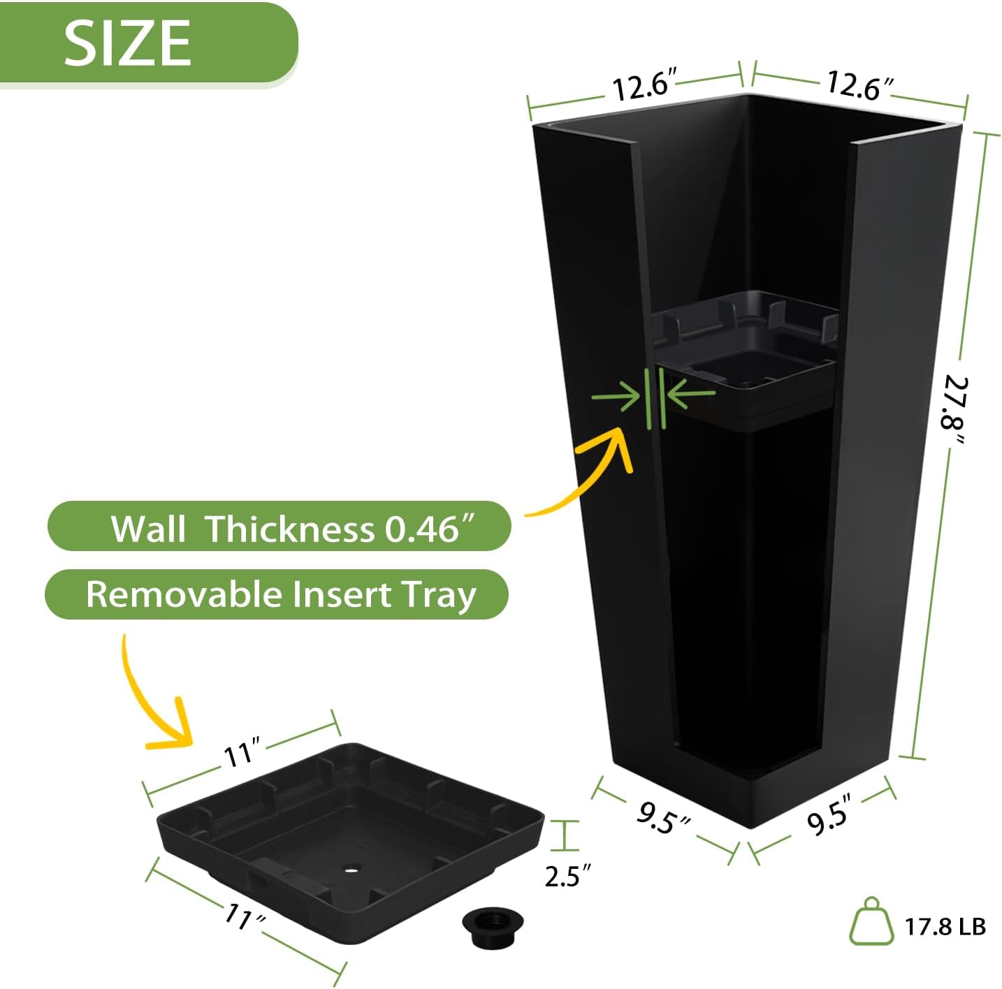 Taper Outdoor Planter, Indoor Resin Plant Pots, 2-Pack (28 inch, Black)