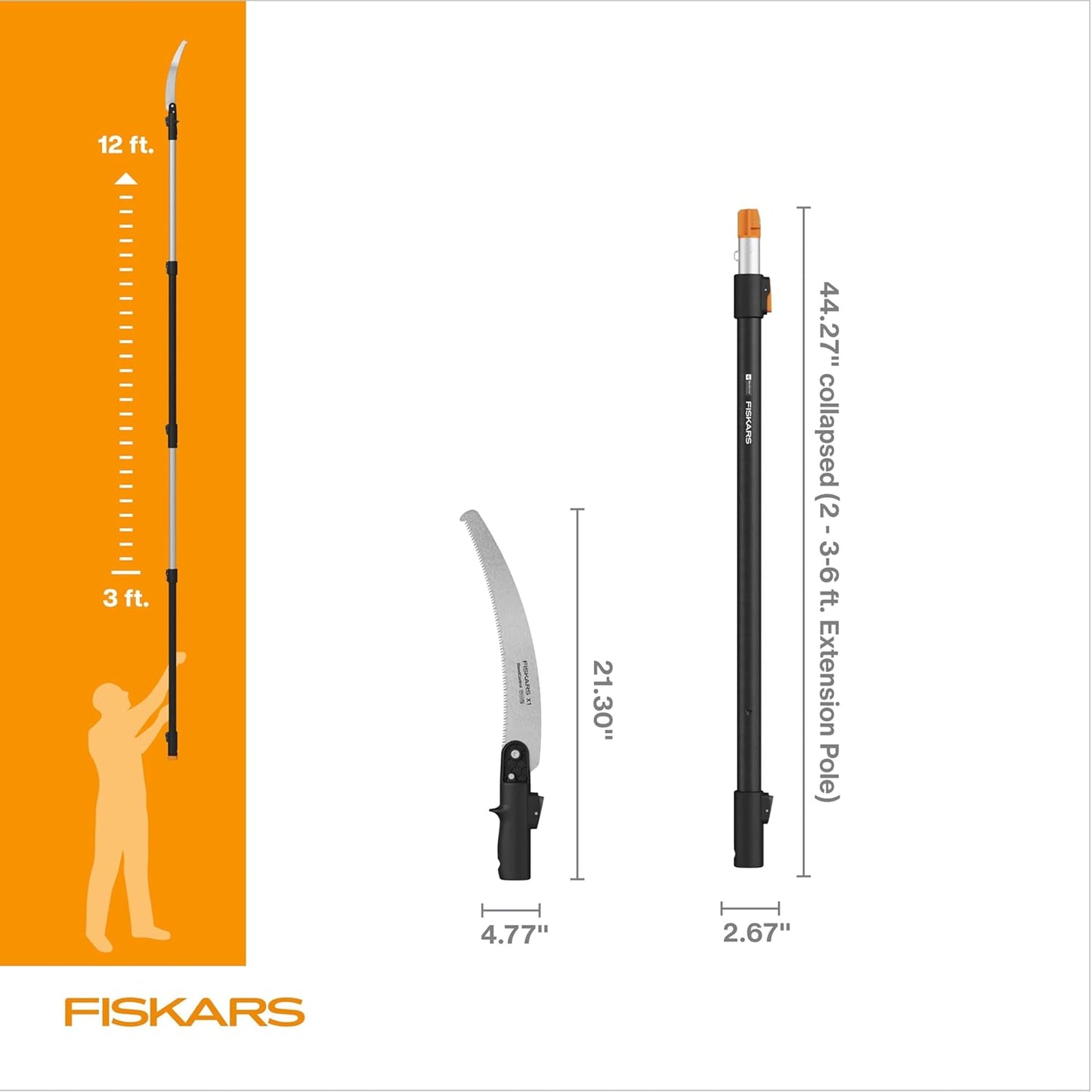 Fiskars XtendControl Extendable Tree Pruner (12 ft), Adjustable Branch Trimmer with 15" X1 Saw, 3-6 ft Extension Poles, and Secure Locking System for Precision Cutting